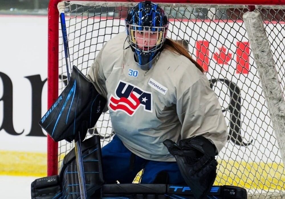 Ceci Wielenberg, goaltending on the U18 Women’s National Team
<br><i>Photo courtesy of USA Hockey</i>