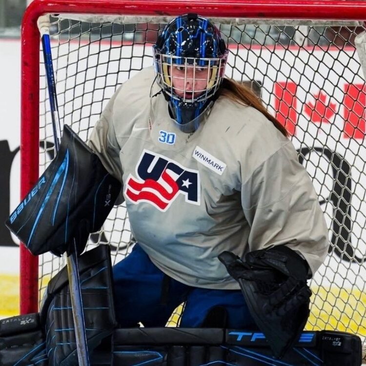 Ceci Wielenberg, goaltending on the U18 Women’s National Team
<br><i>Photo courtesy of USA Hockey</i>