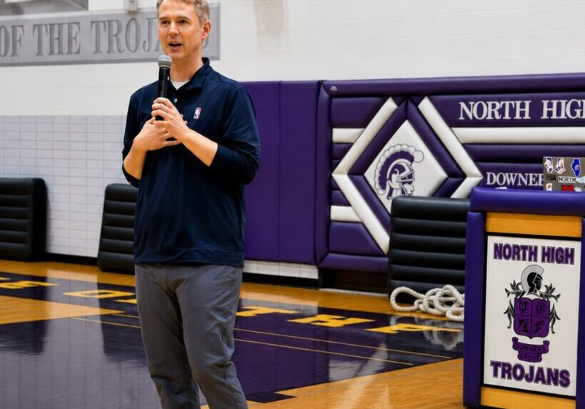 Charlie Rohlf returned to Downers Grove North this spring to share how his passions for basketball, computer science and statistics led to a career with the NBA.