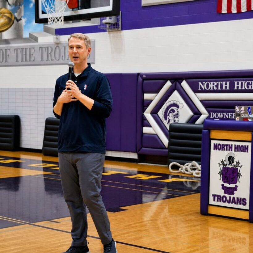 Charlie Rohlf returned to Downers Grove North this spring to share how his passions for basketball, computer science and statistics led to a career with the NBA.