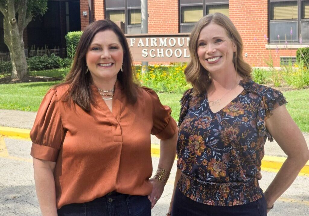 Karla O’Brien and Beth Hatlen at Fairmount Elementary School, where they first met as second graders.