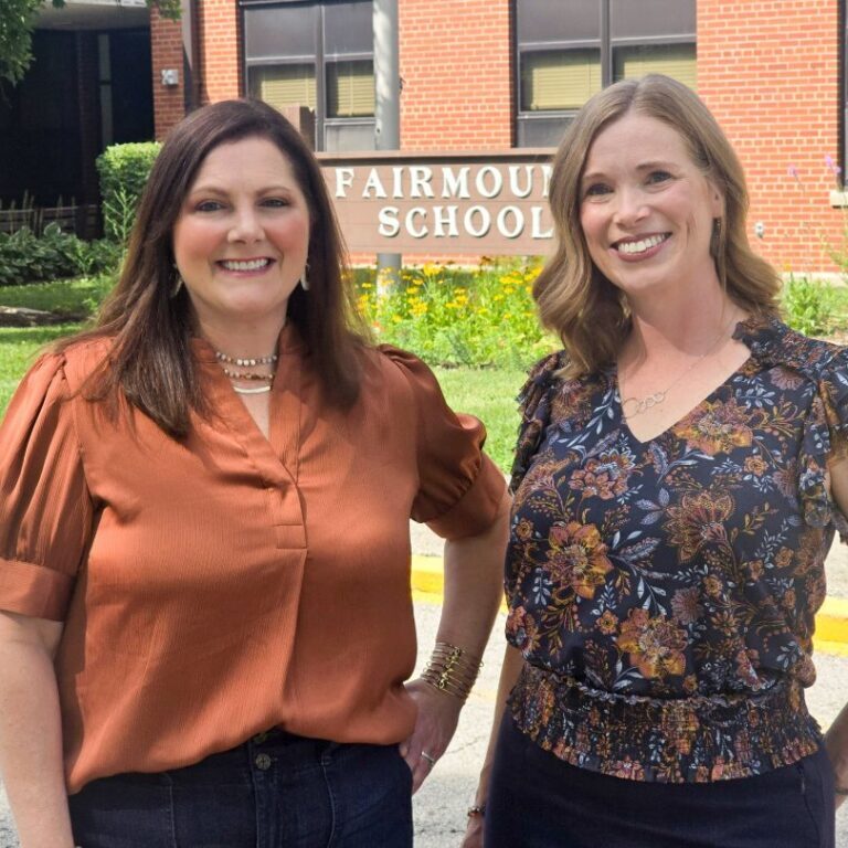 Karla O’Brien and Beth Hatlen at Fairmount Elementary School, where they first met as second graders.